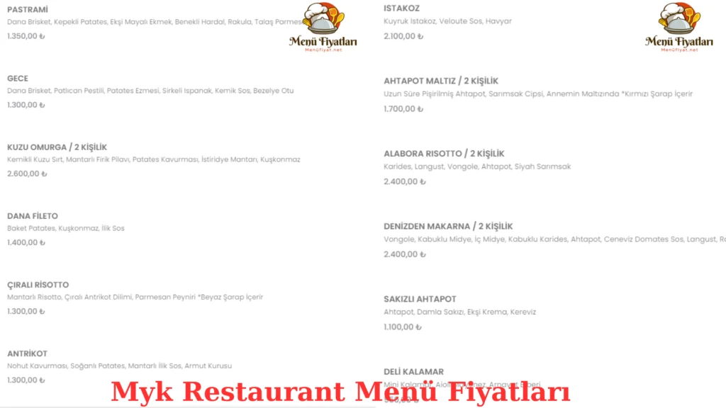 Myk Restaurant Menü Fiyatları – Güncel Menü Fiyat Listesi – 2024